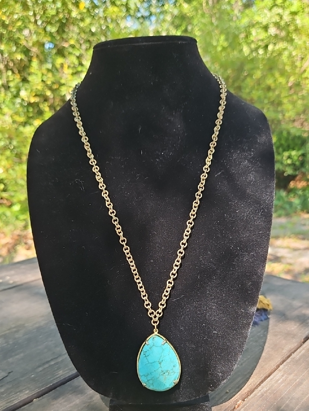 28" Vintage Chain Rib Round Rolo Necklace w/ Teardrop Faceted Turquoise Pendant